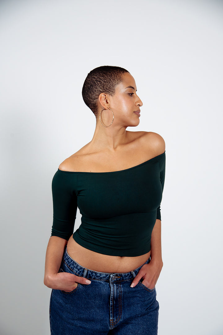 Bardot Mid Crop Top in Forest Green