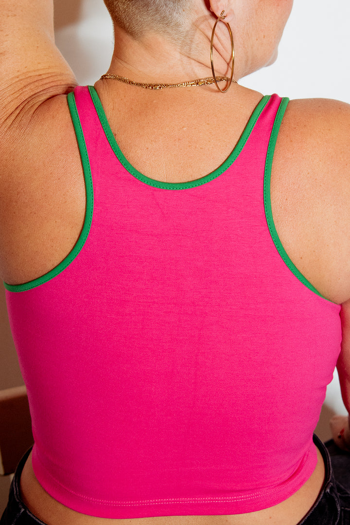 Shinni Neck Crop Tank In Pink/Grass Green piping