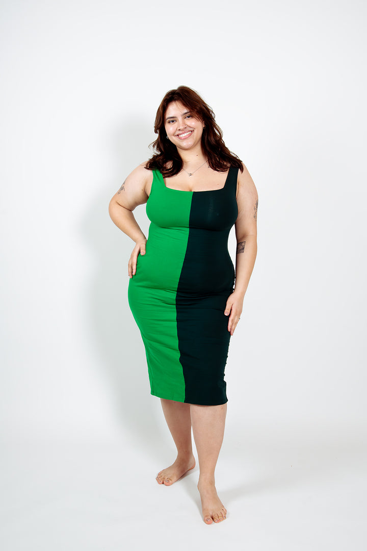 Half and Half Midi Dress Regular in Forest/Grass Greens