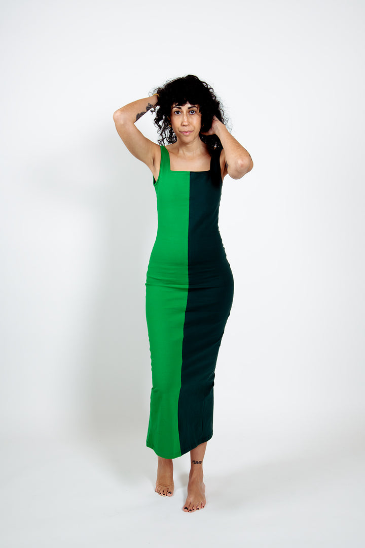 Half and Half Midi Dress Petite in Forest/Grass Greens