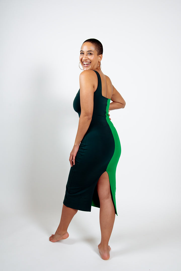 Half and Half Midi Dress Petite in Forest/Grass Greens