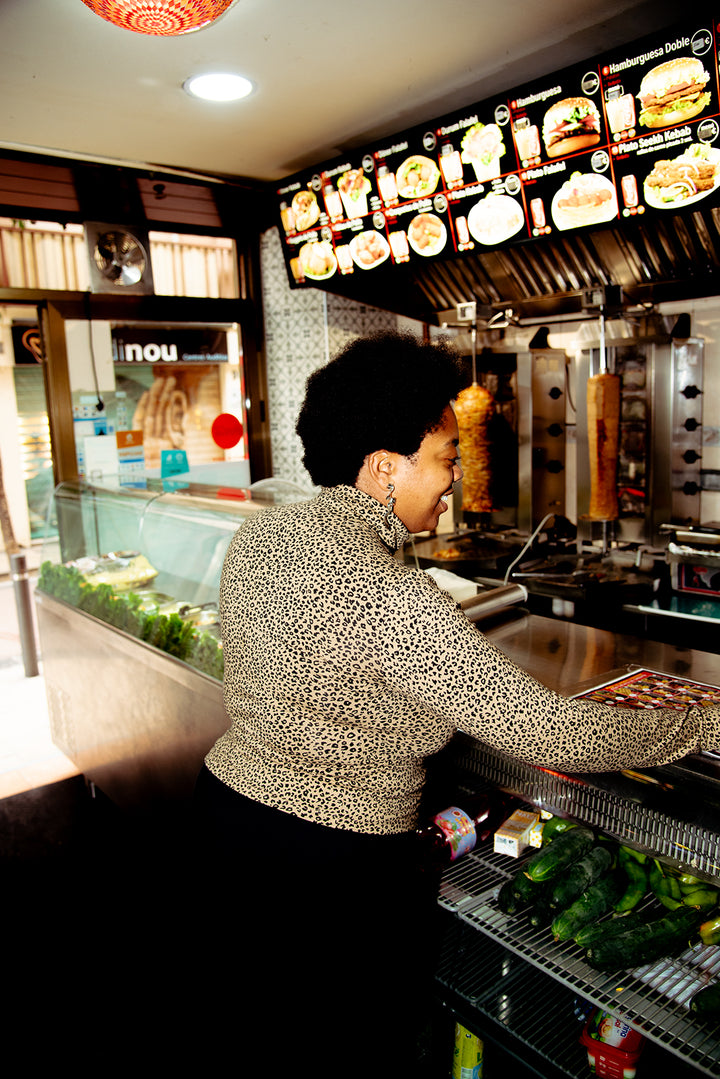 Turtle Neck Long Sleeve Full Length Top with Hole in Classic Leopard