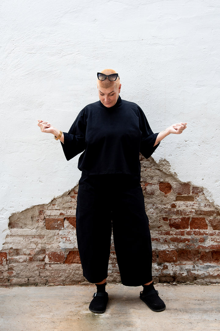 Funnel Neck Oversized Crop Tee in Black