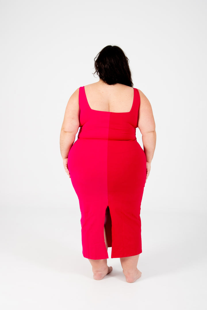 Half and Half Midi Dress in Red/Pink