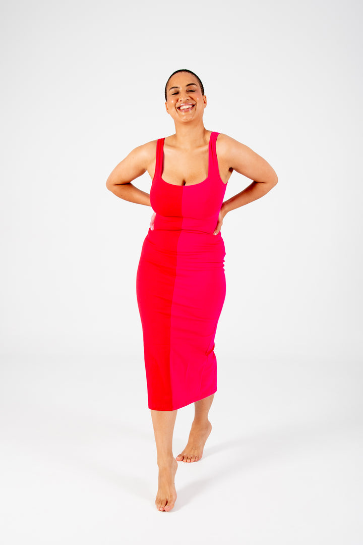 Half and Half Midi Dress in Red/Pink