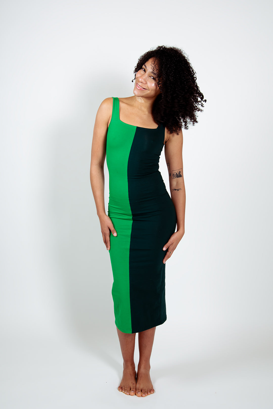 Half and Half Midi Dress Petite in Forest/Grass Greens