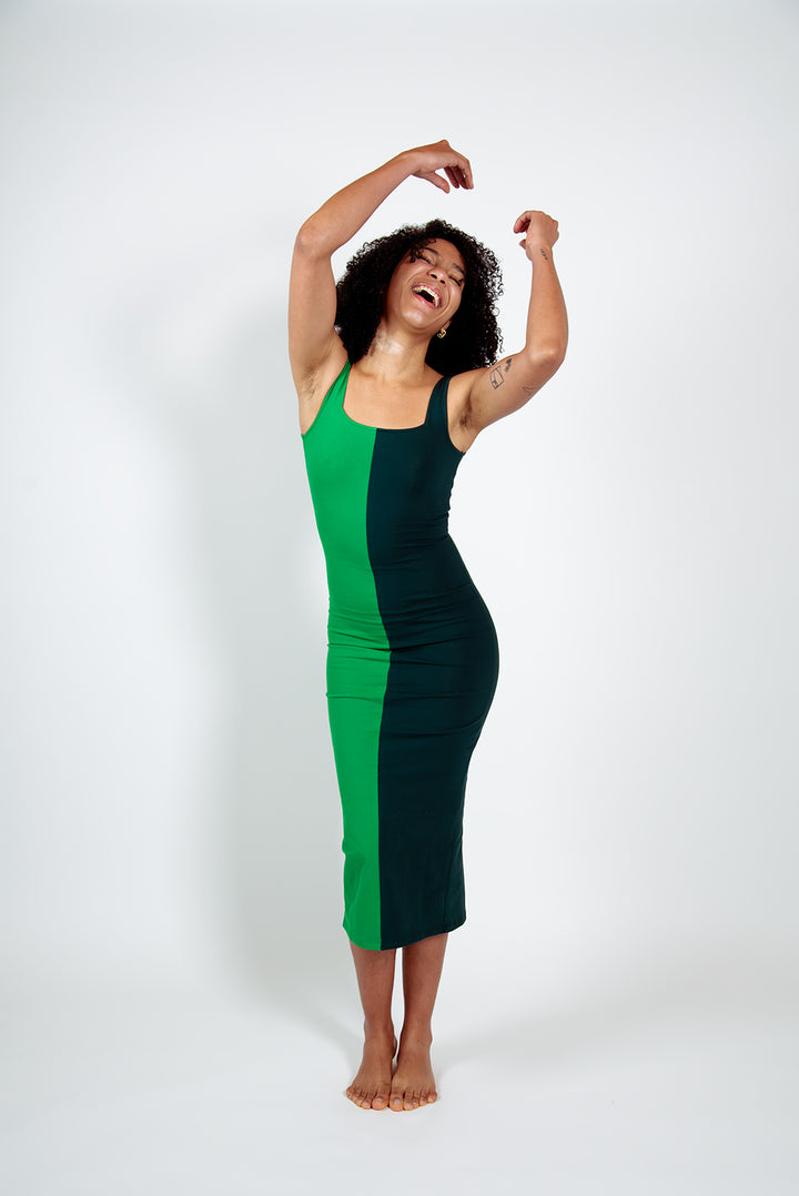 Half and Half Midi Dress Regular in Forest/Grass Greens