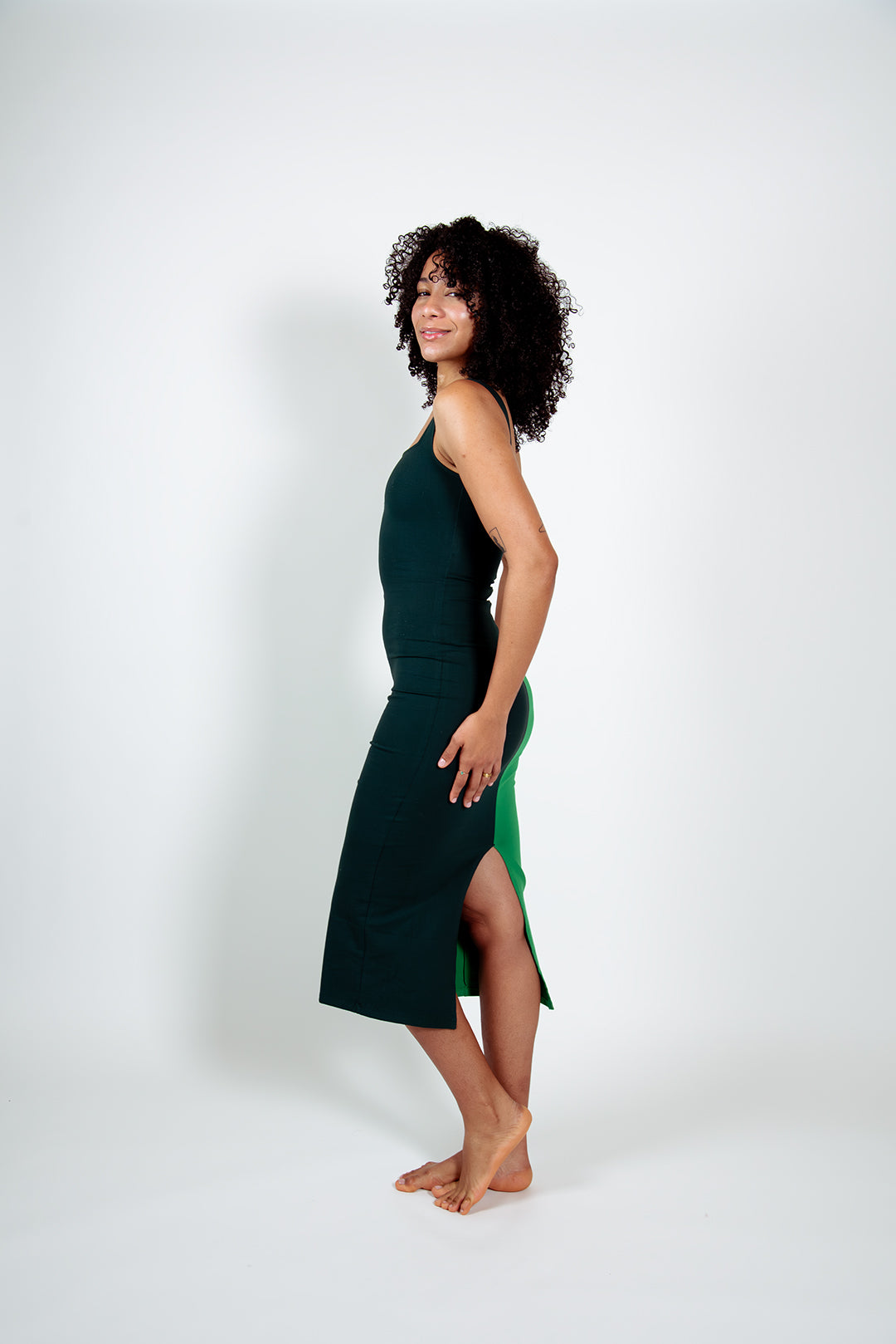 Half and Half Midi Dress Regular in Forest/Grass Greens