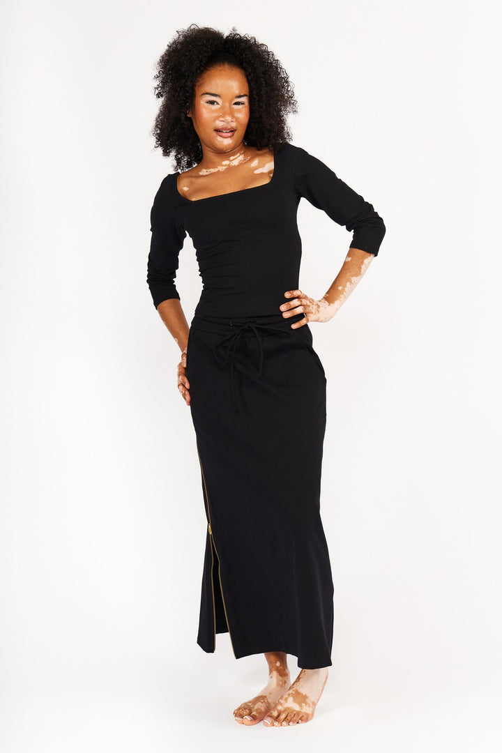 New Square Neck Full Length Top (Long Sleeves) in Black