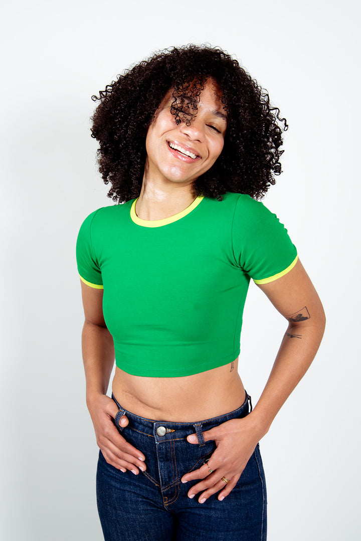 Crew neck Crop T-shirt in Grass Green/Lime Green edging