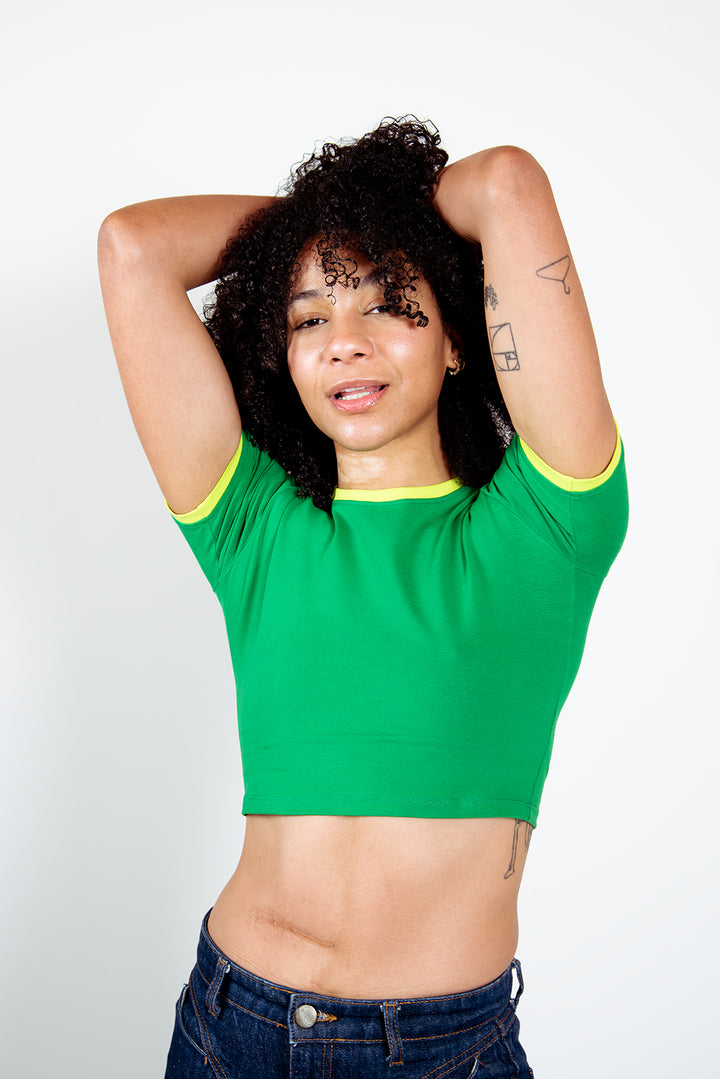 Crew neck Crop T-shirt in Grass Green/Lime Green edging