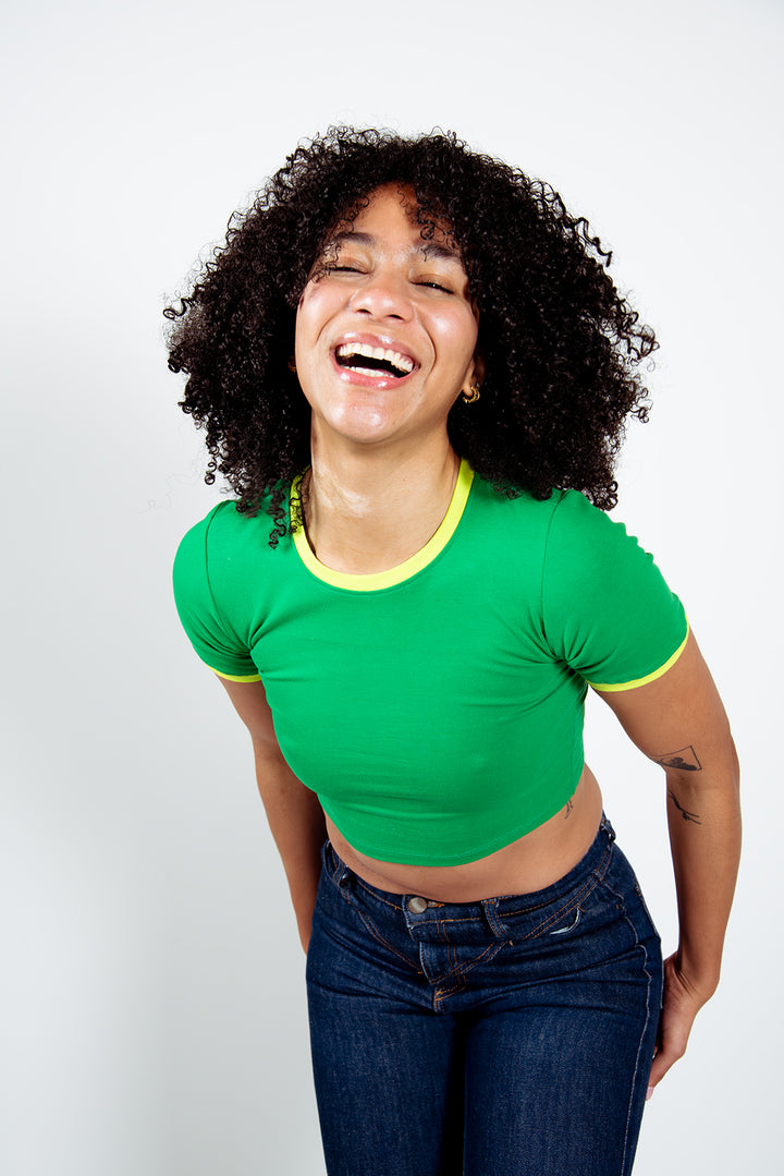 Crew neck Crop T-shirt in Grass Green/Lime Green edging