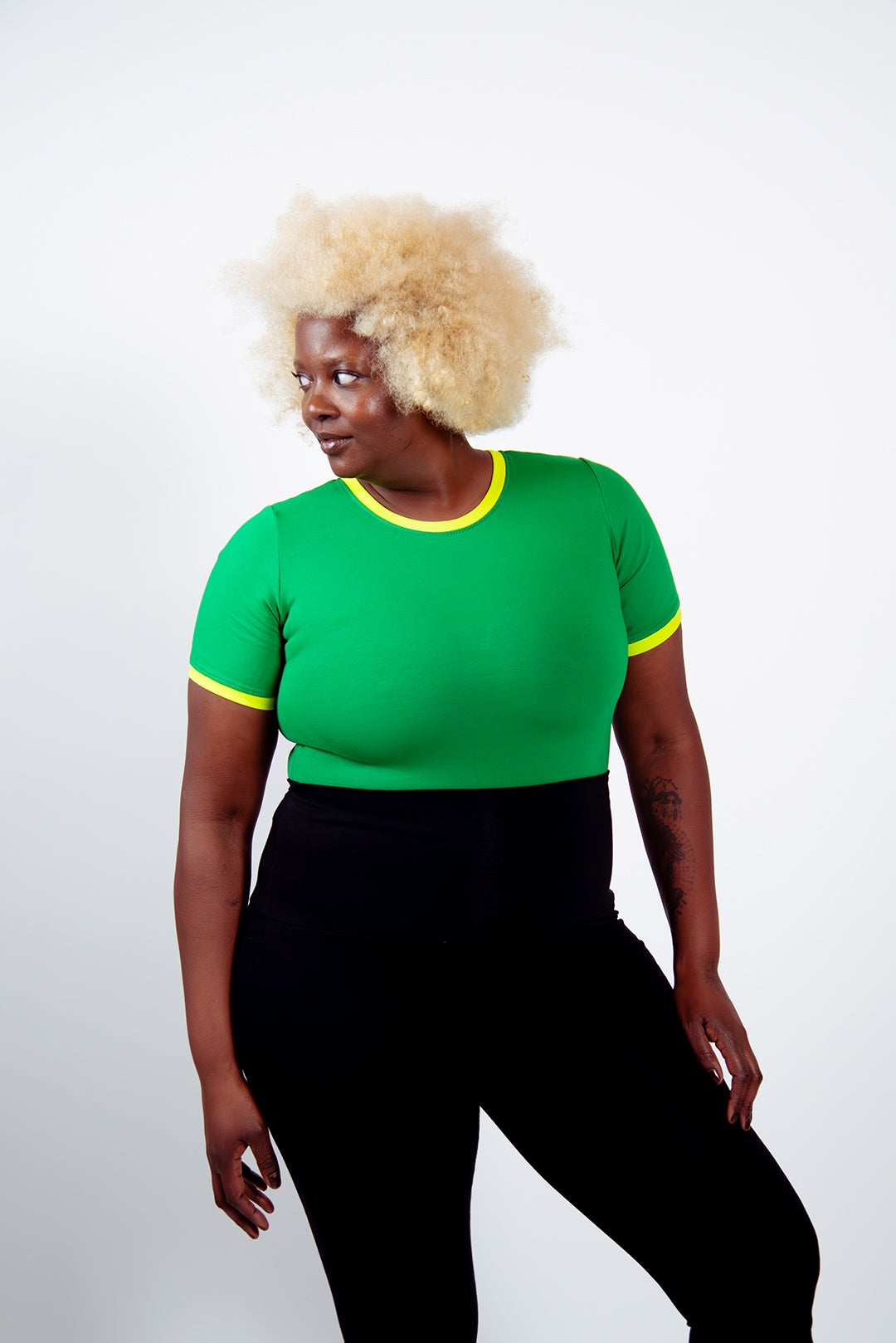 Crew Neck T-shirt in Full Length in Grass Green/Lime Green edging