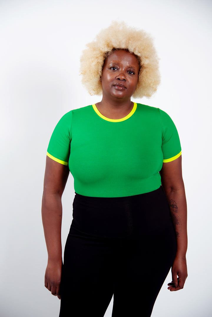 Crew Neck T-shirt in Full Length in Grass Green/Lime Green edging