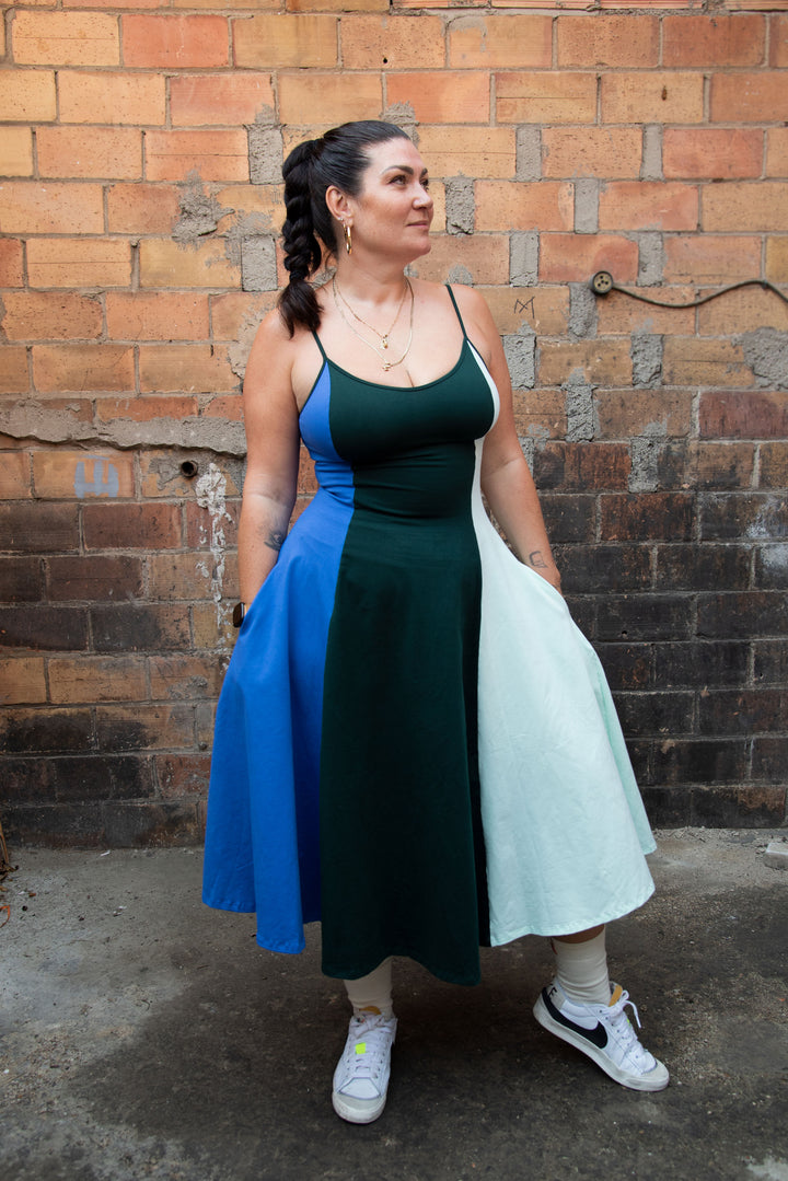 Asri Dress Midi in All the Greens and Blue